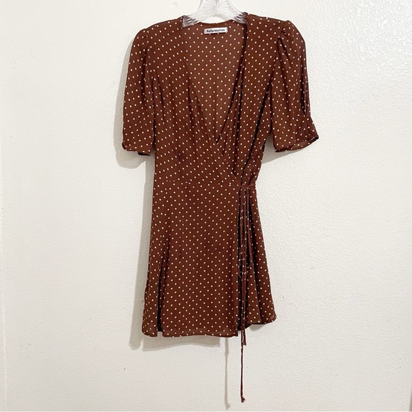 Reformation Lucky Wrap Mini Dress in Cappuccino Brown & White Polka Dot Print - Picture 5 of 14
